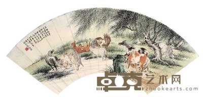 殷锡梁 柳荫八骏 扇面 18×52cm